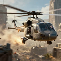 macro closeup photo of mass effect combat helicopter being chased in a post apocalyptic fallout 4 city, 3 pm, smoke, dust, embers, mad max, action, speed, rocket league, volumetric lighting, hdr, need for speed, gta 5, ridley scott, syd mead, craig mullins, cinematic, blade runner, octane