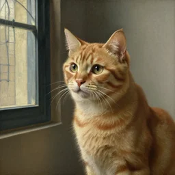 a painting of an orange cat staring profoundly into the window, a detailed painting by johannes vermeer, behance, american scene painting, dutch golden age, detailed painting, academic art