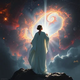 in flowing white robes she watches as the universe is born, saturated nebulas, bright arc of light, radiant light, stars, intricate, hyper detailed, beautiful concept art by greg rutkowski, artgerm, ruan jia, norman rockwell, caravaggio, mucha