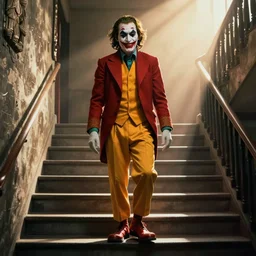 film still of ronald mcdonald as the joker walking down a staircase directed by martin scorsese