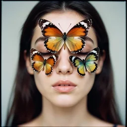 head and shoulder portrait analog photography of a woman with big colorful butterflies over her face by jovana rikalo. long hair. vogue. closed eyes. kodak portra. depth of field. detailed. hq. realistic. muted colors. mamiya 7 ii, f / 1. 2, symmetrical balance, in - frame