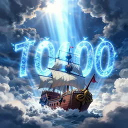 pirate ship sailing with glowing birds near the ship, blue sunrays piercing the clouds crepuscular rays, boisterous heaven, raging sky, storm, sun lighting, hd wallpaper thousand sunny one piece, through clouds, makoto shinkai, lighting refraction, volumetric lighting, pixiv art, highly detailed, anime art, symmetrical, anime art