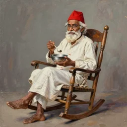 a painting of an old indian man with a red hat, beard, and glasses holding a bowl and sitting on a rocking chair