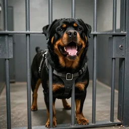 anthropomorphic snarling rottweiler wearing a straightjacket in a prison cell, foaming, bars, tooth wu, wlop