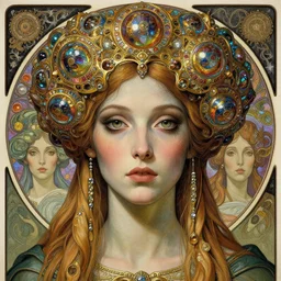detailed realistic beautiful young medieval alien queen face portrait by jean delville, gustave dore and marco mazzoni, art nouveau, symbolist, visionary, gothic, pre - raphaelite, iridescent mandelbulb details. horizontal symmetry by zdzisław beksinski, iris van herpen, raymond swanland and alphonse mucha. highly detailed, hyper - real, beautiful