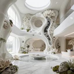 highly detailed ultra sharp 3 d render white villa interior cinematic composition of a smooth ceramic porcelain biomolecular magnolia stone nebula fluid fractal corals sci - fi surreal architecture landscape, granite, marble, moss, soldier lichen, callebaut composition, mamou - mani, archviz, beautiful lighting, 8 k, unreal engine, hdr