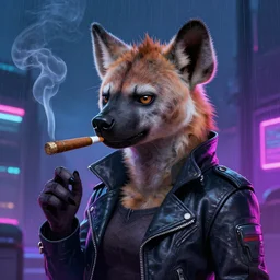digital painting of anthromorphic hyena female smoking cigarrete, fursona, furry fandom, furaffinity, neon rainy cyberpunk setting, anthro, wearing cyberpunk leather jacket, detailed face, blade runner, zootopia style,