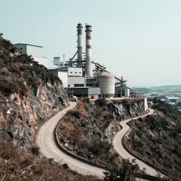 A cement factory on a steep cliff, winding paths, digital art
