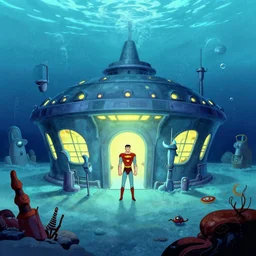 a secret underwater superhero base | homebase secret headquarters of a water based super hero | 1 9 7 0's style animation | by alex toth | superfriends style art | cartoon realism