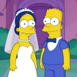 a beautiful scrinshort of wedding couple in style of simpsons cartoon, coherent symmetrical faces