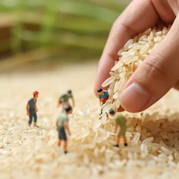 Tiny people mining a grain of rice for food