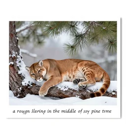 postcard showing 'a cougar sleeping in the middle of snowy pine tree' laying on coffee table with stamp and damaged due to age, zoomed out shot, HD, iphone capture