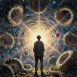 swarm of wormholes hovering around a man by greg rutkowski