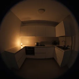 minimalistic kitchen dim lit by a candle simon stalenhag, fisheye camera, extreme perspective