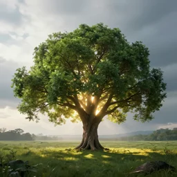 a serene landscape with a powerful ( ( ( tree ) ) ) of life in the middle, volumetric illumination, octane render, cinematic lightning, 8 k