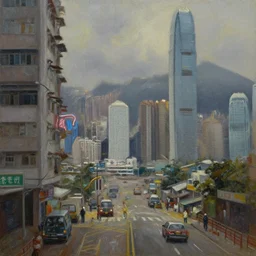 dystopian hong kong, realistic oil painting, detailed, high quality