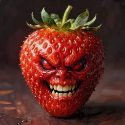 photo of a strawberry with a terrifying and threatening face, horror surreal art