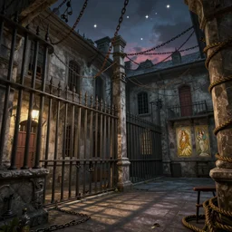 a hyperrealistic render of a victorian jail, wires, ropes, cages, chains, stars, twilight, outdoor, art by Artgerm and Greg Rutkowski and Alphonse Mucha, hearthstone art style, epic fantasty card game art, Beautiful dynamic dramatic moody lighting, shadows, cinematic, Octane, 8K