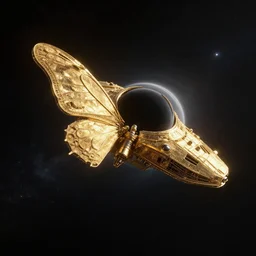 a golden spaceship resembling a butterfly in deep dark space approaching a black hole
