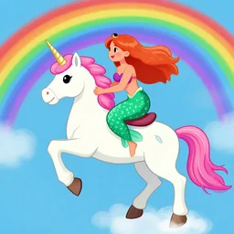 a mermaid riding a unicorn over a rainbow