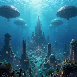 a beautiful digital illustration of a sprawling underwater city under a series of domes by James Gurney and beeple | cinematic | unreal engine | octane | photorealistic | horizontal symmetry