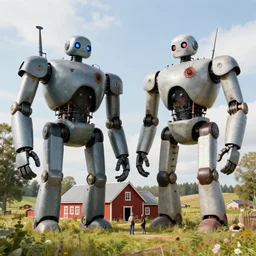 a beautiful swedish farm with giant robots, art by jakub rozalski and simon stalenhag, realistic, hyperrealism 8 k resolution