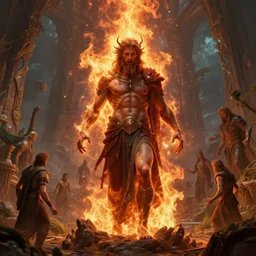 a greek god, tormented, fire, unreal engine, fantasy art by greg rutkowski, rhads, ferdinand knab, makoto shinkaib and lois van baarle, ilya kuvshinov, rossdraws, tom bagshaw, global illumination, detailed and intricate environment by fromsoftware, spiritual, fantasy landscape