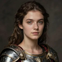 close - up portrait of beautiful young woman dressed gladiator with metallic armor, art by julia margaret cameron