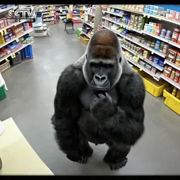 cctv footage of gorilla in walmart, high angle security camera feed,