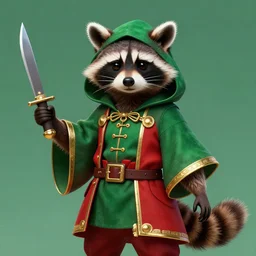 a raccoon in a green, hooded rouge outfit with gold accents holding dagger, trending on art station