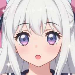 a gorgeous photo drawing of a cute kawaii big eye anime girl, juicy lips, with white hair in the style of idol _ master n 6 4 graphics, portrait, shining, glitter