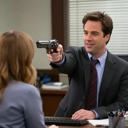 screenshot of the office of dwight schrute holding a gun to pam's head