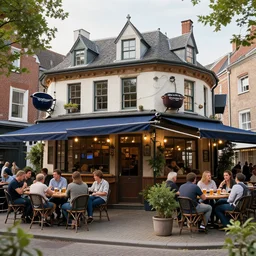a dutch oven the size of a building in the city with people drinking outside it in a beer garden