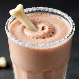 high quality food photography, blended raw tuna smoothie, bones floating, bone garnish, salted rim, bubbling