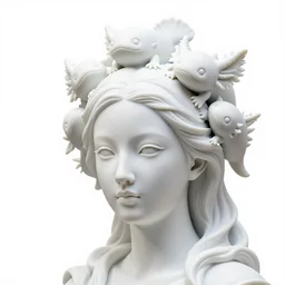 full head and shoulders, beautiful female porcelain sculpture by daniel arsham and raoul marks, smooth, all white features on a white background, delicate facial features, white eyes, white lashes, detailed white, lots of 3 d giant axolotls on the head