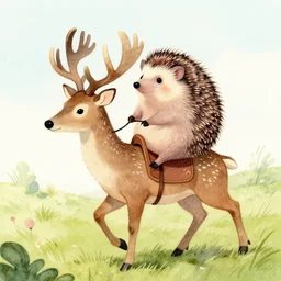 a drawing of a hedgehog riding a deer, a storybook illustration by suzy rice, trending on deviantart, furry art, storybook illustration, watercolor, official art