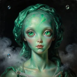 a baroque neoclassicist close - up portrait of a futuristic emerald and malachite alien with big glowing eyes and angelic features. iridescent and reflective skin and silk. head, face and shoulders, foggy black background with puffy clouds and gemstones. renaissance portrait painting. sci - fi retrofuture. highly detailed science fiction painting by norman rockwell, frank frazetta, syd mead and moebius. rich colors, high contrast, gloomy atmosphere, dark background. trending on artstation.