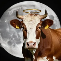colored photo of a cow with a golden halo ornament on its head, on the moon, photorealistic, 8 k