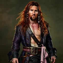 portrait painting of messi masculine muscular male pirate long long hair soft hair flowing hair crimson hair upper body only long coat waist sash rugged handsome romanticism unreal render cinematic lighting art 1 9 2 0 period drama by bussiere rutkowski andrea rocha