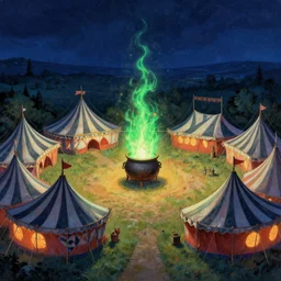 a magical circus in a field at night with large tents that have black and white stripes in a circle formation with a giant cauldron with a green flame at the center, artwork by gerald brom, masterpiece, 4 k