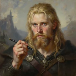 a high detail fantasy portrait oil painting illustration of a young blond bearded man painting a death metal album cover by justin sweet with face and body clearly visible, in a scenic background, pupils visible, realistic proportions, d & d, rpg, forgotten realms, artstation trending, high quality, sombre mood, artstation trending, muted colours, entire person visible!, natural light,