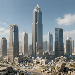 a landscape filled with ruined skyscrapers from 8 0 0 0 bce made of stone and crystal