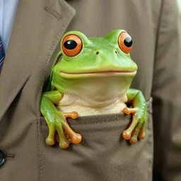 a funny picture of a happy frog peeking out of a jacket pocket, 4K