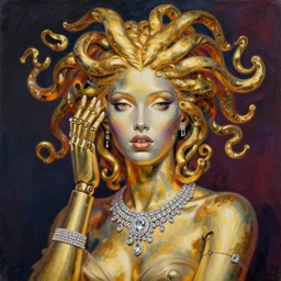 a beautiful painting lovely seductive gold medusa robot, jewelry, diamond jewelry. by ukiyo - e award - winning art, andy warhol color, dramatic light, octane render