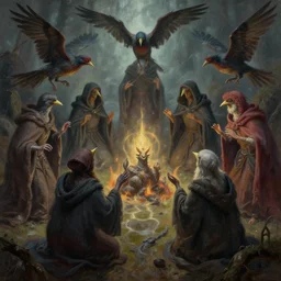 masterful fantastic realist painting of the enchanted summoning rituals of unusual moody birds wearing cloaks, weird perspective, digital painting trending on artstation, dynamic lighting, hyperrealistic, octane render
