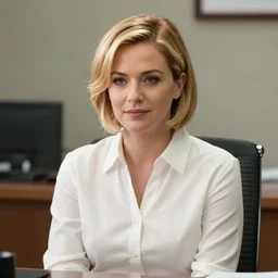 film still of brittany murphy sitting in office, short blonde hair, beautiful face, wearing shirt, realistic proportions, ink, black and white, illustration, cinematic composition, lineart, clean lines, gary millidge