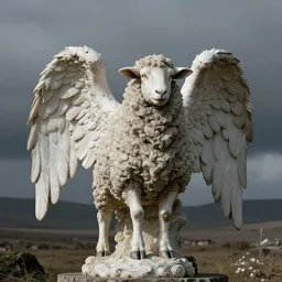Statue of a creepy sheep as an angel, photorealistic, film still, desolate