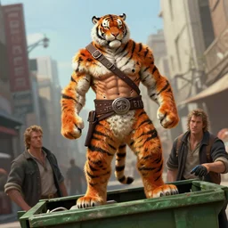 shredded physique crisp defined furry fuzzy Man Streetfighter the elder scrolls oblivion Dude wearing Tiger Costume standing atop dumpster greg rutkowski greg danton tony sart raymond swanland chris foss chris cold christophe norman rockwell young acrylic 4k artstation wikiart wikipedia realism tilt-shift