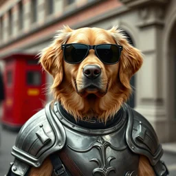 portrait of a golden retriever wearing sunglasses over his eyes and armour in victorian london, witha sword on his side, 8 k