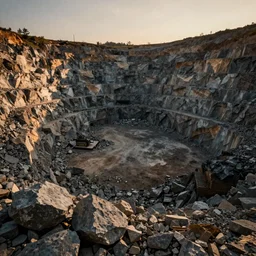 huge deep stone quarry landscape bottom-up view of dirty stones in a quarry of different fractions in the evening light ultra detailed by Emmanuel Lubezki, golden hour, atmospheric lighting, 8k resolution, best color graded, vray beautiful, hyper-realistic render  W 1920 H 1080